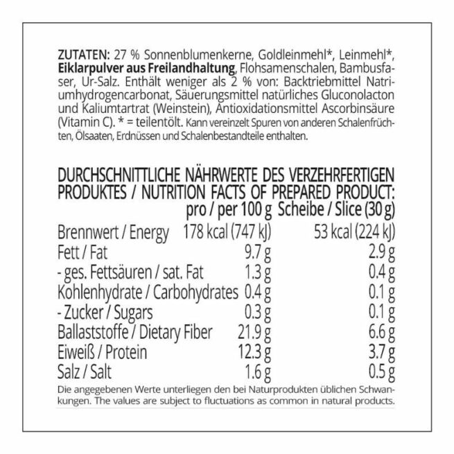 Wuppertaler Sonnenblumenbrot low-carb keto glutenfrei paleo Eiweißbrot Backmischung
