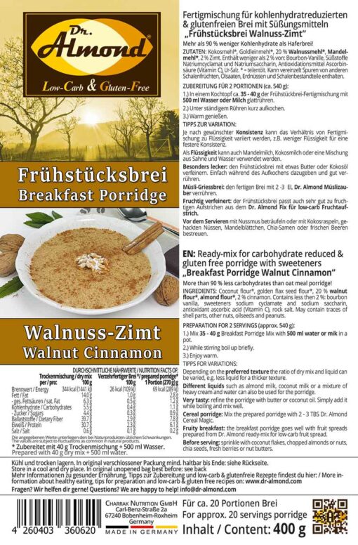 Fruhstucksbrei Low Carb Glutenfrei Vegan Walnuss Zimt 400 G Dr Almond Lowcarb Glutenfrei Shop