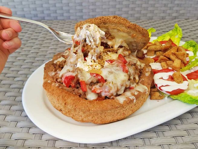 Rezept Bread Bowl Hackfleisch Käse Vulkan Partyhit Low Carb Glutenfrei