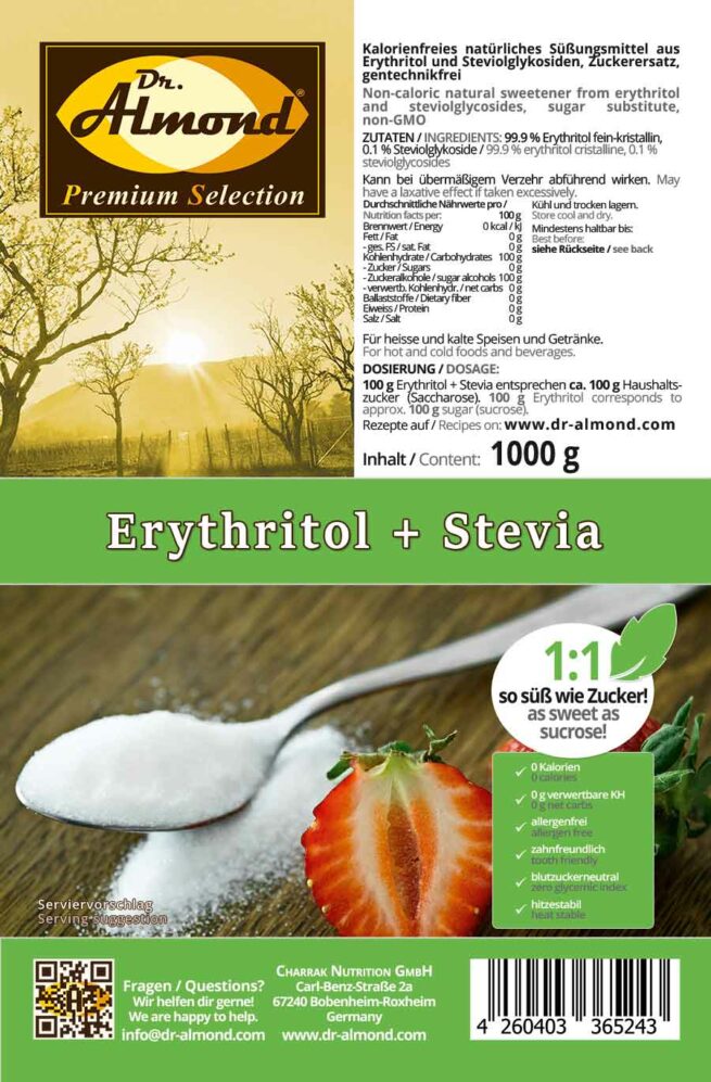 Erythritol + Stevia kalorienfreier low carb Zuckerersatz Erythrit extra fein 1:1 so süß wie Zucker 1000 kg