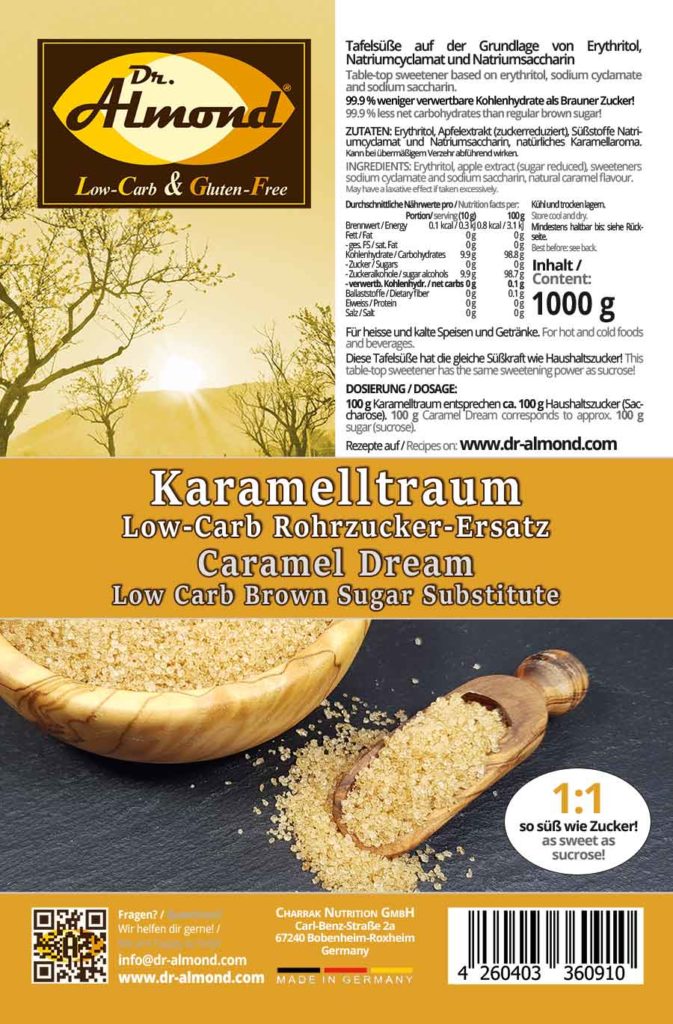 Karamelltraum LowCarb Brauner RohrzuckerErsatz aus Erythrit nur 0.8 kcal & 0.1 g