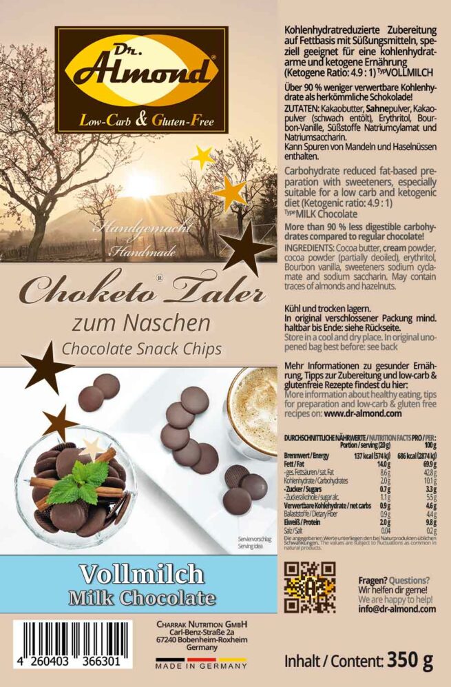 CHOKETO Taler zum Naschen VOLLMILCH - low carb & keto Schokolade - handgemacht - Schokoladenchips Snack zuckerfrei