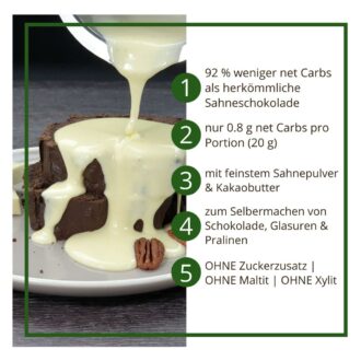 Schokoladenzauber WEISSE SAHNE – low-carb & keto Weisse Schokolade ohne Zuckerzusatz in Pulverform zum Selberschmelzen in 2 min