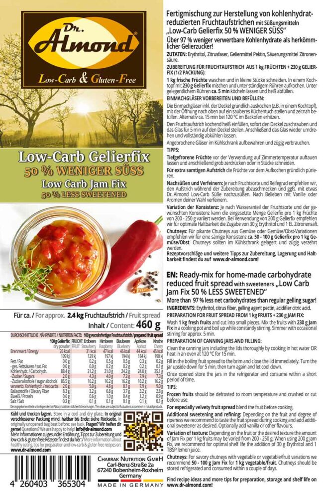 Low-Carb Gelierfix 50 % WENIGER SÜSS - Gelierzucker-Ersatz mit Erythrit für selbstgemachte Fruchtaufstriche ohne Zuckerzusatz