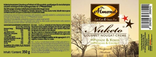 Nuketo PISTAZIE & KOKOS Gourmet Nougat-Creme low carb keto | ohne Zuckerzusatz | ohne Palmöl