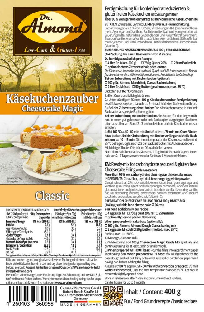 KÄSEKUCHENZAUBER CLASSIC Fertigmischung für Käsekuchen – low-carb, glutenfrei, sojafrei, keto Käsekuchenhilfe