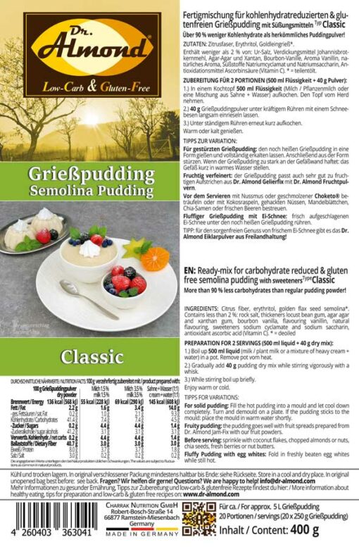 Grießpudding CLASSIC low-carb glutenfrei keto - Grießbrei ohne Stärke zuckerfrei laktosefrei vegan