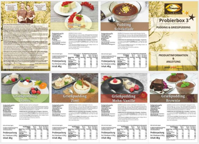LOW CARB PROBIERBOX 3: Pudding & Grießpudding | mit 6 Probepäckchen zum Testen | glutenfrei keto |ohne Zuckerzusatz | VEGAN