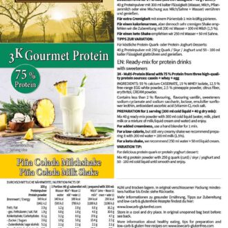 3K Gourmet Protein PINA COLADA MILCHSHAKE Mehrkomponenten Proteinshake | Keto Proteinpulver | 75 % Protein | vegetarisch Etikett
