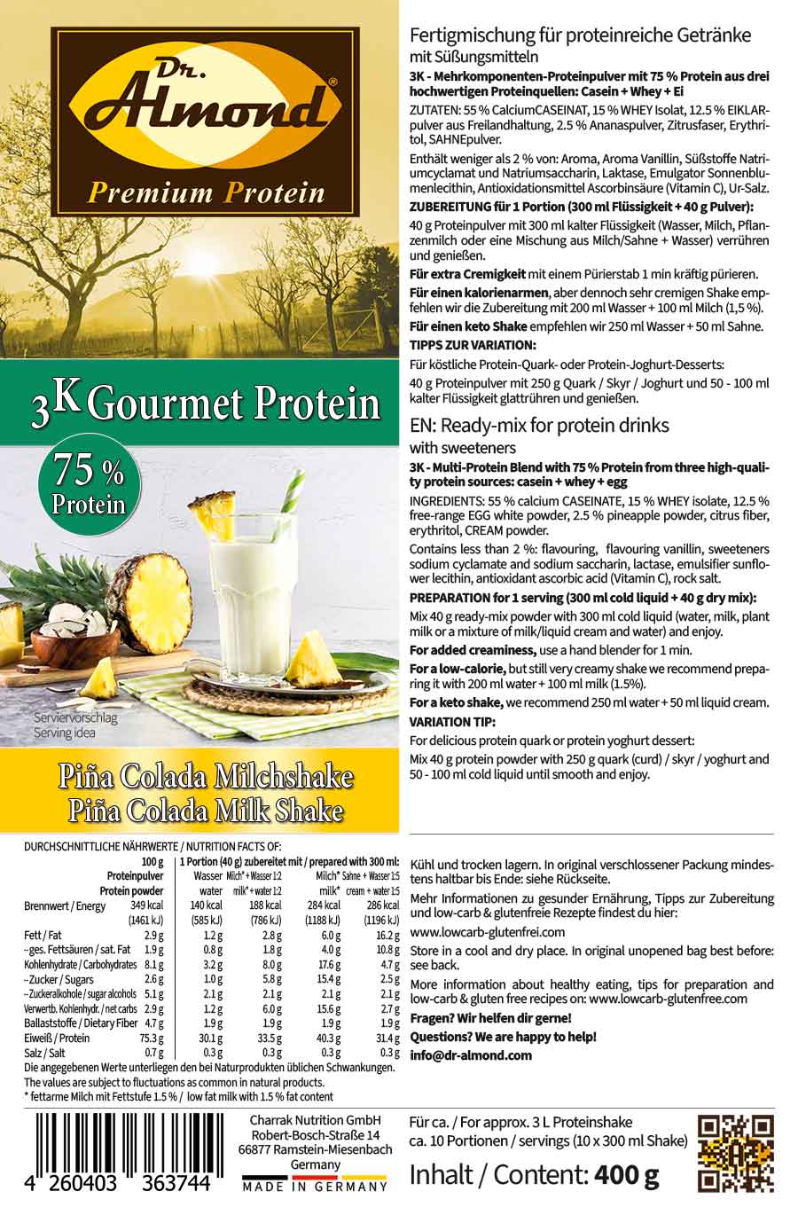 3K Gourmet Protein PINA COLADA MILCHSHAKE Mehrkomponenten Proteinshake | Keto Proteinpulver | 75 % Protein | vegetarisch Etikett