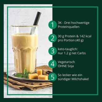 3K Gourmet Protein KARAMELL KAFFEE MILCHSHAKE Mehrkomponenten Proteinshake | Keto Proteinkaffee | 76 % Protein | vegetarisch |