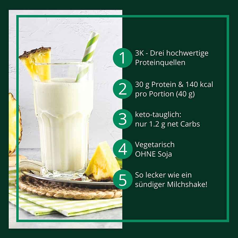 3K Gourmet Protein PINA COLADA MILCHSHAKE Mehrkomponenten Proteinshake | Keto Proteinpulver | 75 % Protein | vegetarisch USP