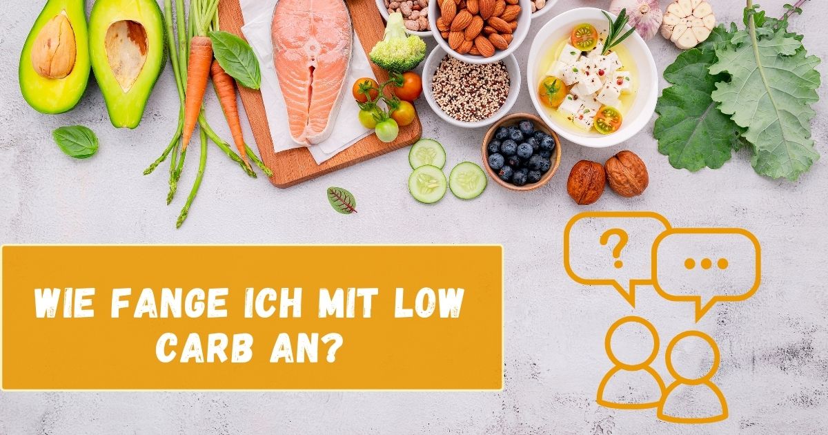 Wie fange ich mit Low Carb an? Icon Frage-Antwort Low Carb Lebensmittel dekorativ auf der Arbeitsplatte