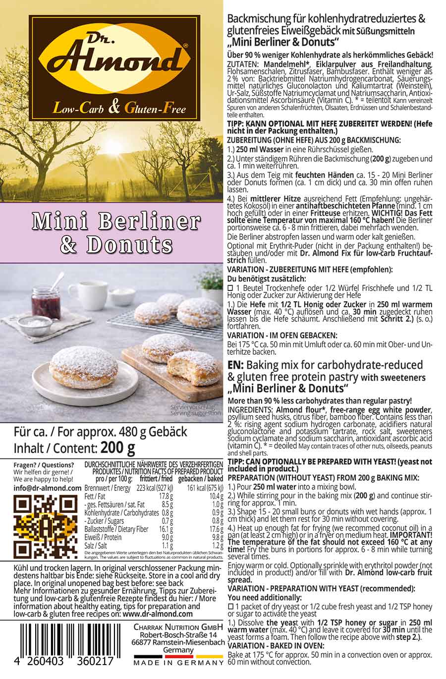 Mini-Berliner & Donuts Backmischung low carb glutenfrei Krapfen zuckerfrei zum Frittieren