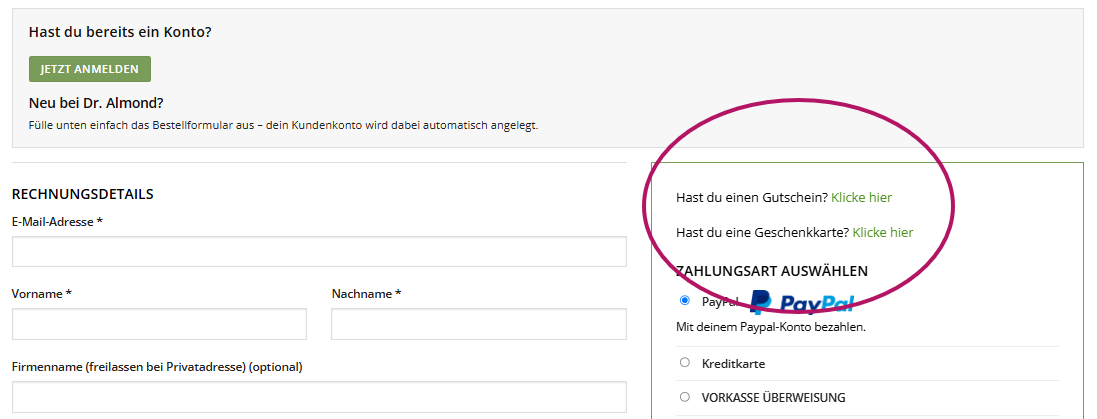 Screenshot Dr. Almond Gutscheine einlösen
