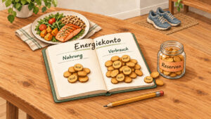Illustriertes Energiekonto mit Nahrung, Verbrauch und Reserven als Darstellung der Kalorienbilanz